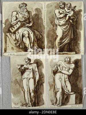 Studies after Four Statues on the Tomb of Julius II, after Michelangelo: Moses; Madonna and Child; Leah, Virtue; Rachel, Religion, Felice Giani, Italian, 1758–1823, Pen and brown ink, brush and brown wash, over black chalk on white heavy wove paper, Italy, Italy, 1821–22, figures, Sketchbook folio, Sketchbook folio Stock Photo