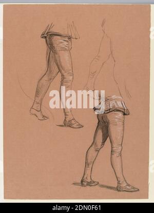 Study for 'Wedding Procession', Elihu Vedder, American, 1836 – 1923, Pastel crayon on paper, Three sketches of a male figure's legs, in walking posture, wearing tights., USA, 1872–1875, figures, Drawing Stock Photo
