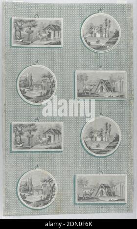 Sidewall, Block printed on handmade paper, Full width. Against a field of vertical green stripes alternating with lines of dots, are trompe-l'oeil hanging framed pictures in two vertical lines, alternating circular and rectangular; the circular frames enclose landscapes with buildings, the rectangular frames show yards with gates., France, 1800–1815, Wallcoverings, Sidewall Stock Photo