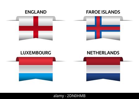 Set of four English, Faroe Islands, Luxembourgish and Dutch ribbons. Made in England, Made in Faroe Islands, Made in Luxembourg and Made in Netherland Stock Vector