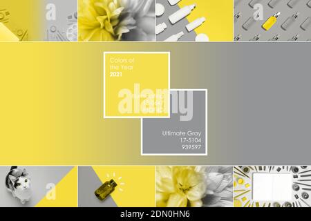 Collage demonstrating color of the year 2021 with frame and text. Trendy colors - Illuminating Yellow and Ultimate Grey Stock Photo