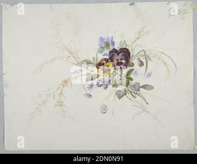 Designs for Wallpaper and Textiles: Flowers, Brush and gouache on off white paper, Cluster of flowers: purple and yellow pansies and smaller blue flowers with stems and foliage, with stems of grasses surrounding. Organized diagonally, top facing left., France, 19th century, wallpaper designs, Drawing Stock Photo