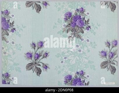 Textile, Schwartz-Huguenin, Medium: cotton Technique: printed by engraved roller and/or block printed on plain weave; highly glazed, Three samples, same design, different colors. A) Grey ground, probably printed by 'Molette,' in minute geometric patterns with areas of foliage in grey, with white flowers; floral pattern of rose clusters printed over ground, probably by block. B) Green ground, roses red-violet. C) Grey ground, flowers blue with grey foliage. Highly glazed, Mulhouse, Alsace, France, 1851–63, printed, dyed & painted textiles, Textile Stock Photo