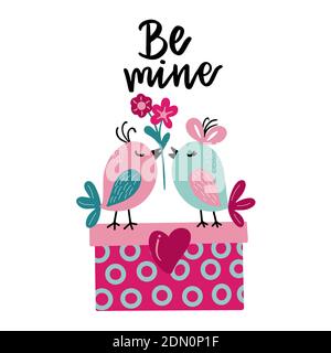 Holiday card for valentines day with image of birds, gift box and lettering - be mine, in vector graphics on a white background. For the design of Stock Vector