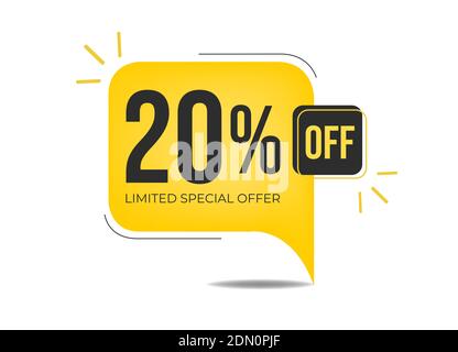 20 percent off limited special offer. Banner with twenty percent discount on a yellow square balloon. Stock Vector