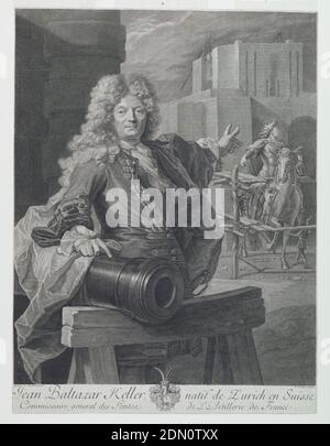 Portrait of Jean-Balthasar Keller, Pierre Drevet, 1663 - 1738, Etching on paper in black ink, Keller stands in front of the foundry. His right hand rests on a gun; with his left he points to the equestrian statue of Louis XIV, another work by him, which is just in finishing process in the courtyard., France, 1699, Print Stock Photo