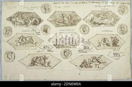 Decoration for the Ceiling of a Bedroom in Villa Aldini, Montmorency, Felice Giani, Italian, 1758–1823, Pen and brown ink, brush and brown wash with cream laid paper, Eight large hexagons distributed into three rows; eight circular medallions with hands, distributed into wedges and four small hexagons. On second row, three hexagons showing respectively: Venus and companions adore Psyche. Psyche in boat charon. Cupid touches with his arrow the sleeping Psyche. Third row: small hexagon with decorative motif. Fourth row: three large hexagons showing respectively: girl outlining shadow Stock Photo