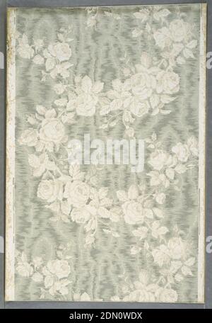 Sidewall, Block-printed on paper, Grisaille roses in random arrangement on greenish-gray moire ground., France, ca. 1880, Wallcoverings, Sidewall Stock Photo