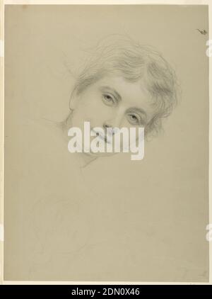 Sketch for a Bacchante, Daniel Huntington, American, 1816–1906, Black pastel crayon, white chalk on grey wove paper, Study of a woman's head, facing frontally and tilted to the right. Verso: Study of arms, holding a tambourine up at right., USA, 1887, figures, Drawing Stock Photo