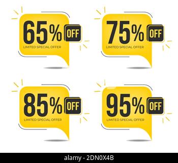 65, 75, 85 and 95 percent off. Set of tag discounts. Banner with four yellow square balloons with special offers vector. Stock Vector