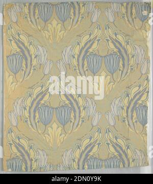 Sidewall, Walter Crane, (English, 1845–1915), Machine-printed paper, Very stylized blue tulips, white tulips and acanthus leaves forming cartouche. Light blue design in background. Appears to be printed on ungrounded paper. Art nouveau in style., England, ca. 1890, Wallcoverings, Sidewall Stock Photo