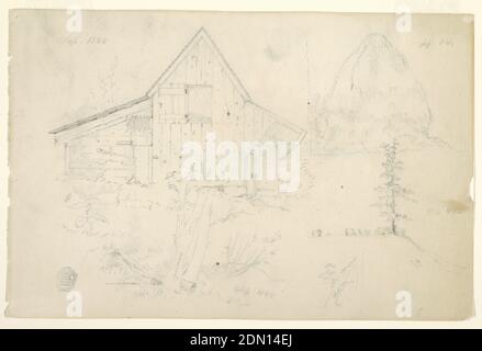 Sketch of a Barn and Haystack, Frederic Edwin Church, American, 1826–1900, Pencil on white paper, Leaf of a sketchbook. Recto: A small barn seen from the end side, with scrub trees, inscribed 'Sycamore' in the foreground. At right, a hay stack, and the date: 'Sep 1844.' Below, cows grazing near a tall pine tree and 'Sep 1844.' Verso: a single pine tree, and the date: 'Sep 1844 / M[ountain] H[ouse].', USA, September 1844, landscapes, Drawing Stock Photo