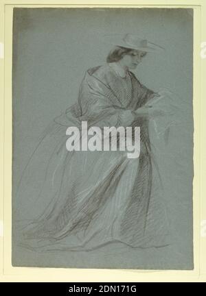 Mrs. Sheppard Gandy Seated, Daniel Huntington, American, 1816–1906, Graphite, black crayon, brown crayon, white chalk on blue wove paper, Full-length, seated portrait of a woman wearing a shawl and a wide-brimmed hat. She is turned towards the right, examining a piece of cloth in her hands. Verso: Sketch of an elderly man standing and reading., USA, 1859, figures, Drawing Stock Photo