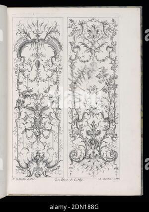 Two Upright Panels, Livre Nouveaux de Paneaux à divers usages (Book of New Panels for Various Uses), François de Cuvilliés the Elder, Belgian, active Germany, 1695 - 1768, Carl Albert von Lespilliez, German, 1723 - 1796, François de Cuvilliés the Elder, Belgian, active Germany, 1695 - 1768, Engraving on off-white laid paper, Folio 6, plate 5 of series 6. Within rectangular framing lines, two designs for upright decorative panels in Rococo style. Panel at left: various ornamental scrollwork, masks, dragons, birds, and armorial trophies. Panel at right: ornamental wscrollwork with masks Stock Photo