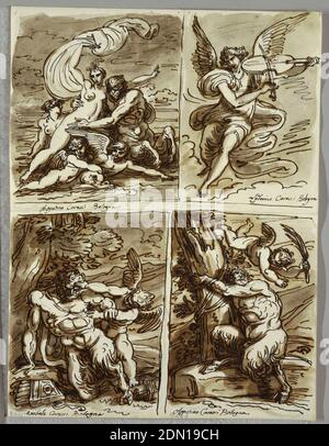 Glauco and Scylla, study after Agostino Carracci, Felice Giani, Italian, 1758–1823, Pen and brown ink, brush and brown wash, over black chalk on white heavy wove paper, Upper left, Venus or Sea Nymph, embraced by Sea God, accompanied by nymph and two winged putti, one on dolphin. Upper right, airborne angel playing violin. Lower left, kneeling Satyr (or Pan?) struggling with Cupid, pan pipes on ground at lower left. Lower right, airborne cupid whipping satyr tied to tree., Italy, 1821–22, figures, Drawing Stock Photo