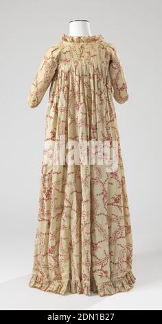 Dress, Bromley Hall, (Middlesex, England, 1712–1763), Medium: cotton Technique: printed by engraved copper plate on plain weave, Woman's printed cotton dress, with a low neckline gathered on to a drawstring in front; across the back fullness is gathered into sewn-down pleats across the shouler blades. The dress hangs waistless to the floor, and has a small train in the back. Close-fitting set-in sleeves. Ruffle around the neck and hem edges. Pocket slits in side seams. A plain linen lining in the top forms a fitted inner bodice, with holes for lacing in front. The fabric is copper plate Stock Photo