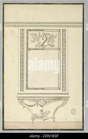 Design for a Pier Glass with Alternative Suggestions, Graphite, pen and ink, brush and watercolor on paper, Elevation of a console table and pier glass. Scrolling base with musical trophy and basket of flowers. The sides of glass have narrow candelabrum motif at left and guilloche at right. In tablet at top center: a trophy., Italy, 1775–1800, interiors, Drawing Stock Photo