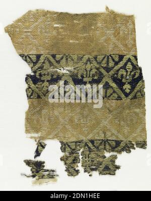Fragment, Medium: silk Technique: compound weft twill (samite), Fleur de lys within a diamond grid on a banded background in beige, white, blue and green., possibly Sicily, 13th century, woven textiles, Fragment Stock Photo