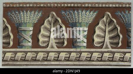 Border, Block-printed on handmade paper, Beneath an edging of strung beads, stylized spade-like leaves alternate with sheaves of wheat. The bottom edging consists of a rod wrapped in a coiled band., France, 1800–1825, Wallcoverings, Border Stock Photo