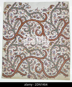 Kashmir Design, Woodcut on paper, Allover design of vines in green and brown filled with small flowers on a white ground consisting of floral pattern in red, blue, green, and yellow., France, ca. 1875, textile designs, Print Stock Photo