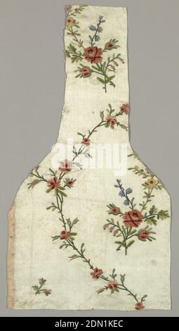 Textile, Medium: silk Technique: embroidered in chain stitch on satin weave, Shaped fragment of white satin is embroidered in colored silks and chenille yarns with a design of floral sprays enclosed by flowering vines., France, ca. 1781, embroidery & stitching, Textile Stock Photo