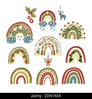 Christmas rainbow vector trendy illustration. Cute hand drawn kids print set. Nursery abstract design set. Cartoon baby collection. Stock Vector