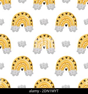 Seamless childish pattern with hand drawn rainbow and hearts. Creative scandinavian kids texture for fabric, wrapping, textile, wallpaper, apparel. Vector cloud and rainbow illustration Stock Vector