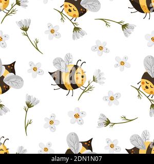 Bee with flower seamless pattern. Honey vector. Cute cartoon yellow bee illustration. Stock Vector