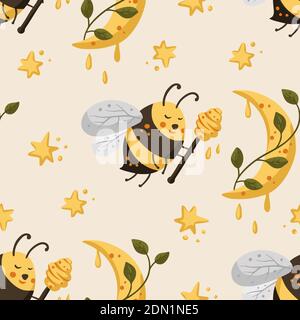 Bee with honey seamless pattern. Cartoon kid vector. Cute bee with moon and star illustration. Stock Vector