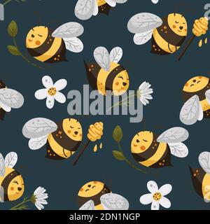Bee with flower kid seamless pattern. Honey vector. Cute cartoon yellow bees illustration. Stock Vector