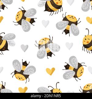 Bee seamless pattern. Honey vector. Cute bee with heart illustration. Stock Vector