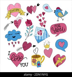 Set of decorative holiday items for Valentines Day, in vector graphics, on a white background. For the design of postcards, posters, prints for t Stock Vector