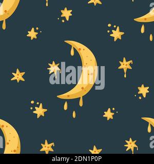 Cute moon and stars seamless pattern. Vector abstract background. Childish color kid illustration. Stock Vector