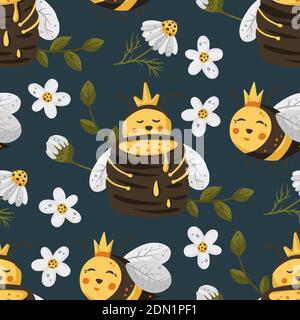 Bee with flower seamless pattern. Honey vector. Cute cartoon yellow bee with crown illustration. Stock Vector