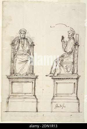 Design for a Marble Throne for the Statue of St. Peter, St. Peter's, Rome, Luigi Vanvitelli, Italian, 1700 – 1773, Pen and brown ink, graphite on cream laid paper, Design for a marble throne for the Statue of St. Peter at St. Peter's Basilica in Rome, Italy; full-face and profile view shown; throne upon a pedestal, the figure of St. Peter seated with right arm raised, halo. Scale indicated at the bottom., Naples, Italy, 1754, sculpture, Drawing Stock Photo