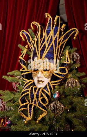 UK, England, Derbyshire, Edensor, Chatsworth House at Christmas, Venice, Venetian carnival mask Stock Photo