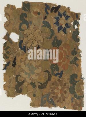 Fragment, Medium: silk, metallic Technique: woven, slit tapestry, Large scale floral and leaf design., China, 15th century, woven textiles, Fragment Stock Photo