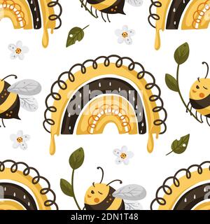 Rainbow and bee seamless pattern. Honey vector. Cute bee illustration. Stock Vector