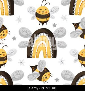Rainbow and Bee seamless pattern. Honey vector. Cute bee illustration. Stock Vector
