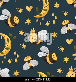 Bee with moon and stars seamless pattern. Honey vector. Cute bee illustration. Stock Vector