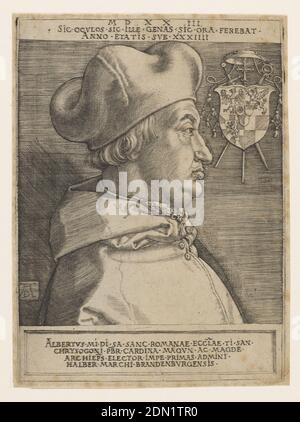 Albrecht of Brandenburg, Archbishop of Mainz, Albrecht Dürer, German, 1471–1528, Engraving on laid paper; verso: graphite, Vertical format portrait of Cardinal Albert of Brandenburg, Elector and Archibishop of Mainz from 1514-1545 and Archbishop of Magdeburg from 1513-1545. Bust view of figure shown in profile facing the left, wearing cardinal attire. At upper right, the subject's coat of arms, surmounted by cardinal's hat and emblems. Printed text at upper and lower margins contained within black framing lines. Verso: sketches in graphite., Germany, 1523, portraits, Print Stock Photo