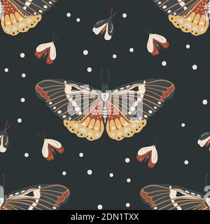 Boho butterfly vector pattern. Moth seamless bohemian background. Hand drawn vintage nature drawing. Stock Vector