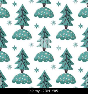 Seamless pattern with Christmas tree on a hill vector illustration. Kid cute background for children with holiday symbols and stars Stock Vector