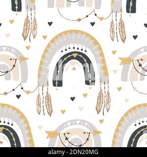 Boho rainbow seamless pattern. Baby vector illustration with heart. Cute creativescandinavian kids print with feather, heart and arrow. Stock Vector