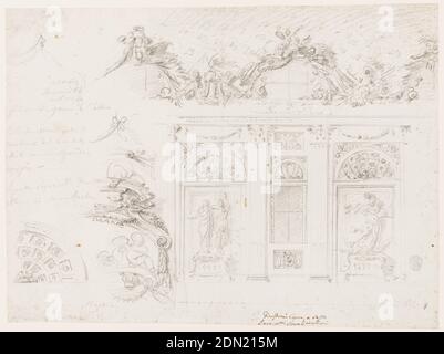Sculpture Gallery: Project for the Decoration of a Hall in a Palace during the Reign of the Emperor Napoleon as King of Italy, Black chalk on white laid paper, Design for a sculpture gallery. At right, is a section of a wall with windows. Pillars support an entablature frame, narrow panel with a window-case, and broader panels without a window. In front of a rectangular niche at left, upon a pedestal, stands a sculptural composition of two (probably) female figures embracing, the height of the statues is given as 'p 9 1/2'. At right, also on a pedestal, is a sculptural scene of St. Michael Stock Photo