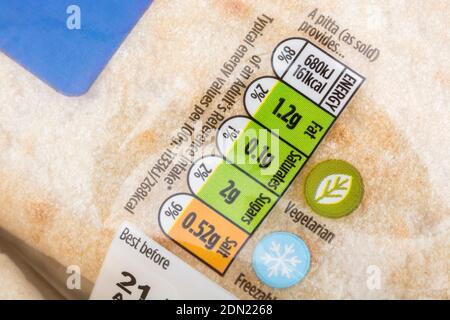 Close-up shot food nutrition / dietary label on plastic wrapped Morrisons own-brand pitta bread. For unusual breads, & general food information labels Stock Photo