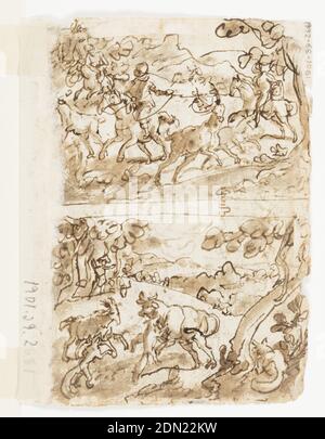 Recto: Apollo, or 'Litterae' (Allegory of the Liberal Arts), preliminary design for pl. 3 in the Schema, seu Speculum Principum (Skills of a Prince) series; Verso, above: Deer Hunt with Lassos; Verso, below: Cattle attacked by Foxes, Jan van der Straet, called Stradanus, Flemish, 1523–1605, Pen and brown ink, brush and wash on laid paper, Apollo seated under a tree with a violin. Around him are symbols of the Arts, below two buildings in theTuscan style, a formal garden and a fountain. Verso: Upper section: The hunters on horseback lasso a stag, related to 'Venationes' 31. Stock Photo