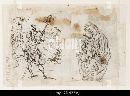 Recto: St. Christopher carrying the infant Christ (left), Virgin and Child (right); Verso: Lucifer Appearing to Dante and Virgil in Hell, Jan van der Straet, called Stradanus, Flemish, 1523–1605, Luigi Alamanni, Italian, 1558–1603, Pen and brown ink, brush and brown wash on laid paper, Page of a drawing book. Two scenes on recto: at left St. Christopher nearing the left bank of a river, by which a woman stands near a lantern; at right the Virgin holds the Child standing in her lap. Verso, vertically: Lucifer stands in his ice block crushing sinners with his teeth. Others wholly covered by ice Stock Photo