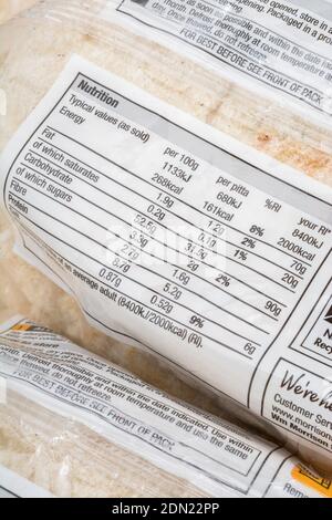 Close-up shot food nutrition / dietary label on plastic wrapped Morrisons own-brand pitta bread. For unusual breads, & general food information labels Stock Photo