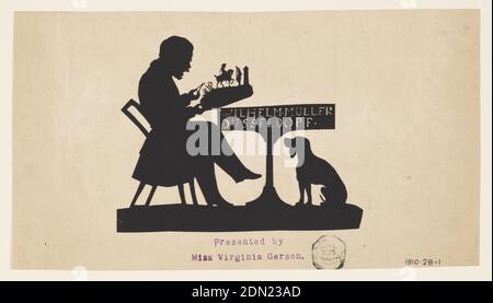 Self-Portrait in Silhouette, Wilhelm Müller, German, 1804 - 1865, Scissor-cut black wove paper laid down on white wove paper, Seated figure of a man sitting at table, facing right, in act of cutting a silhouette. Dog seated below table., Düsseldorf, Germany, ca. 1840, Silhouette, Silhouette Stock Photo
